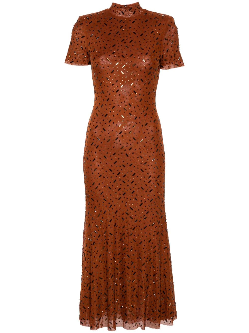 Brown square rhinestone mesh midi dress SELF PORTRAIT Marrone