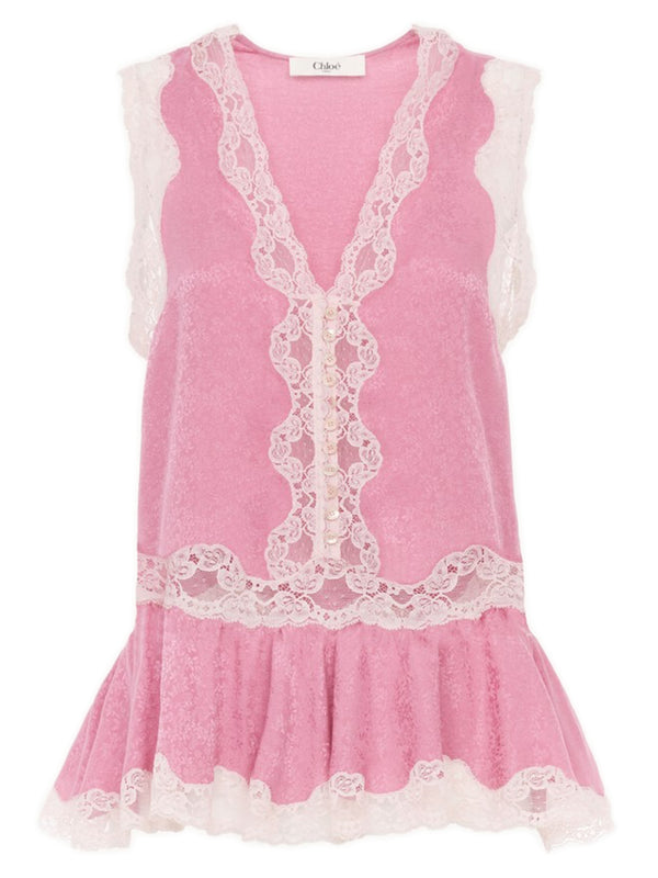 Top peplo senza maniche in jacquard di seta e pizzo