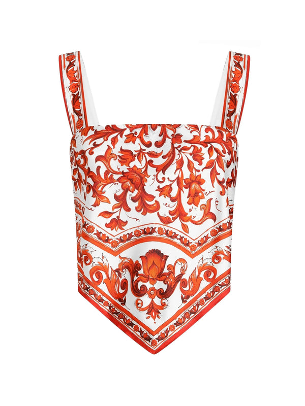 Majolica-print silk twill bustier top