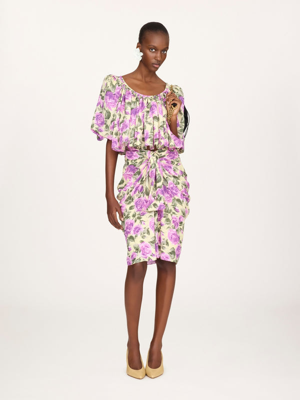 Silk jacquard crop top with puffed sleeves