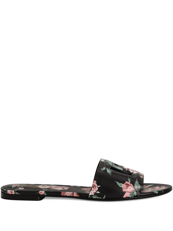 Ciabatta flat in pelle di vitello stampa rose