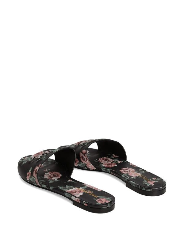 Ciabatta flat in pelle di vitello stampa rose