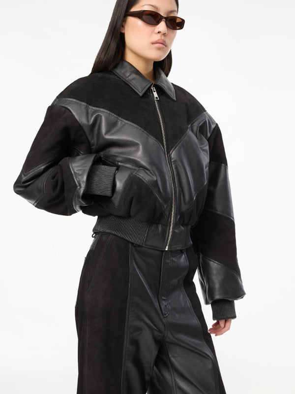 Cropped leather bomber