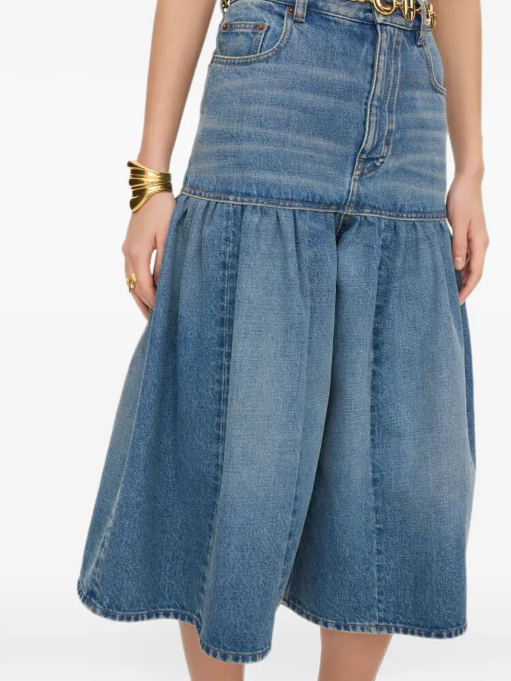 High-waisted denim balloon shorts