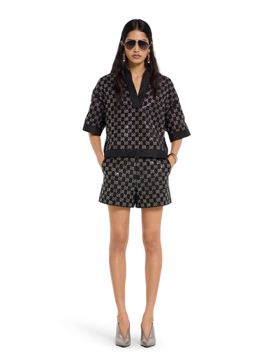Shorts in tweed di lana lamé ricamati