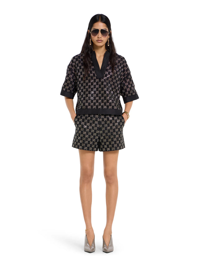 Shorts in tweed di lana lamé ricamati