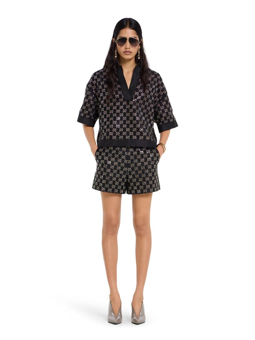 Embroidered lamé wool tweed shorts