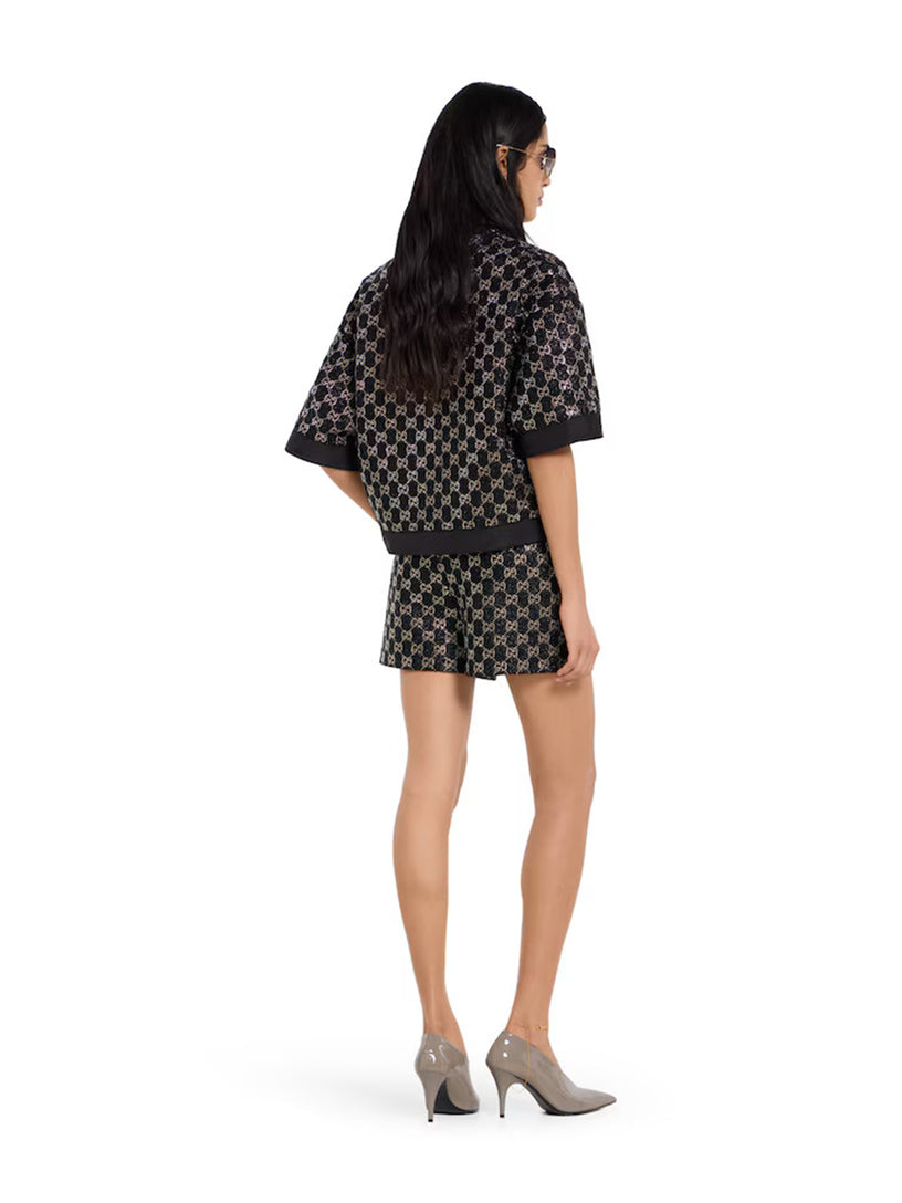 Embroidered lamé wool tweed shorts