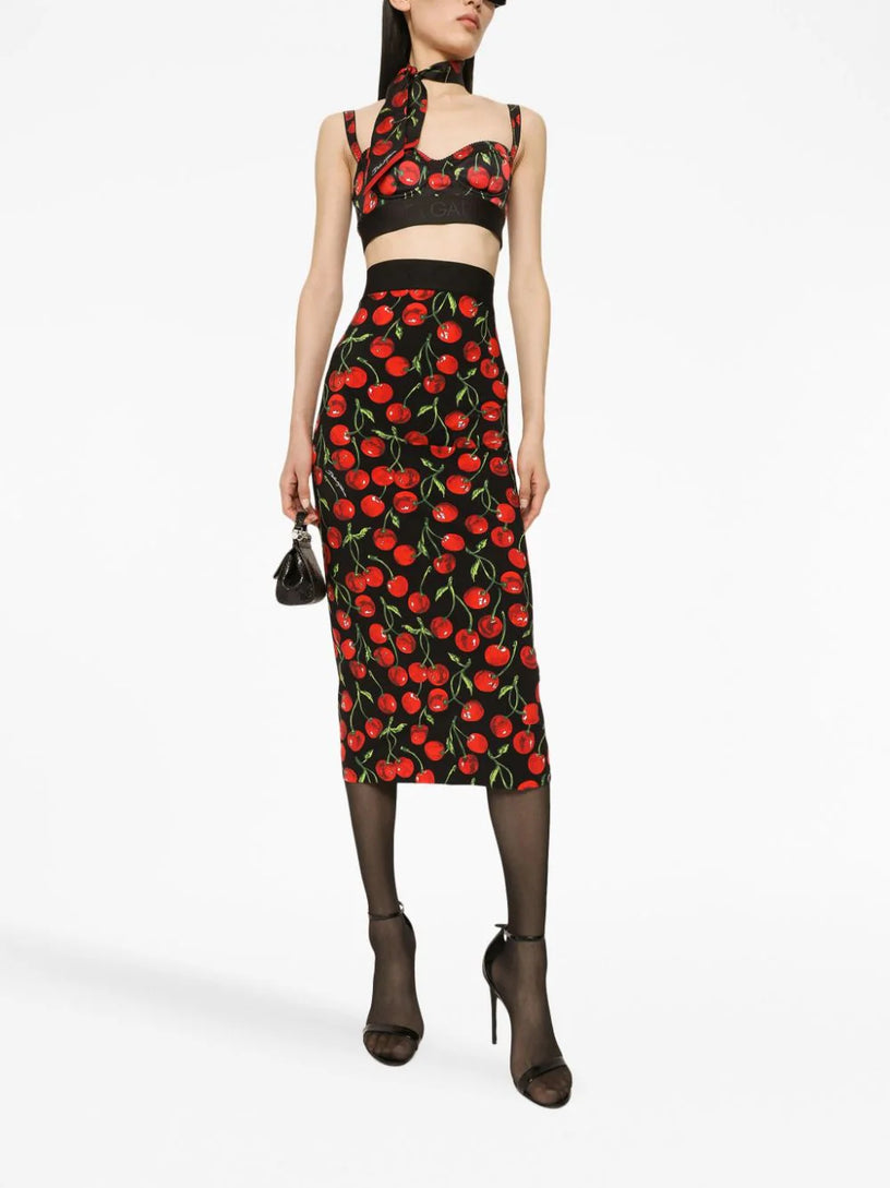 Cherry-print midi pencil skirt