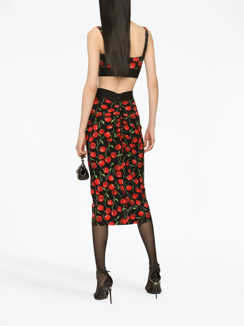 Cherry-print midi pencil skirt