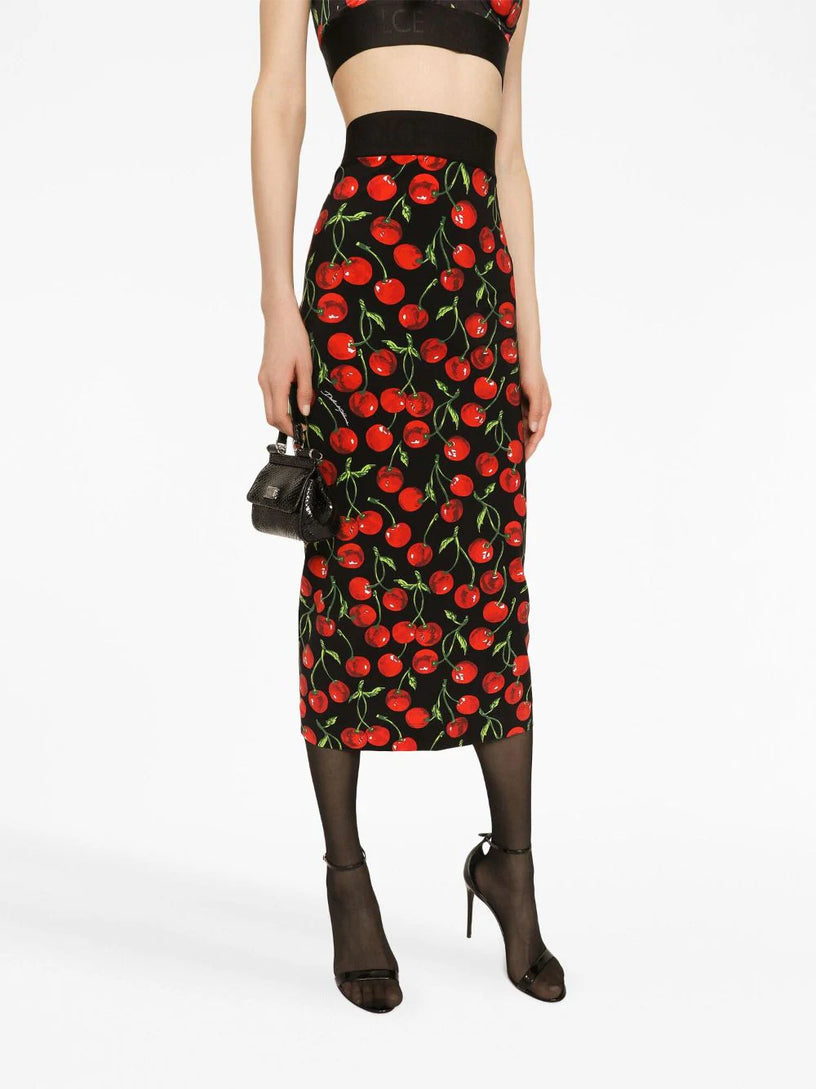 Cherry-print midi pencil skirt