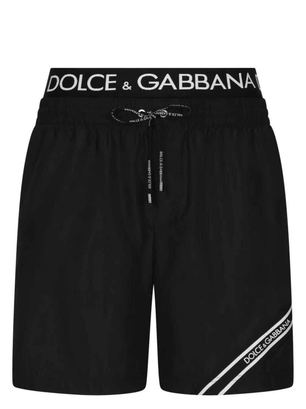 Mid-length swim trunks with branded band