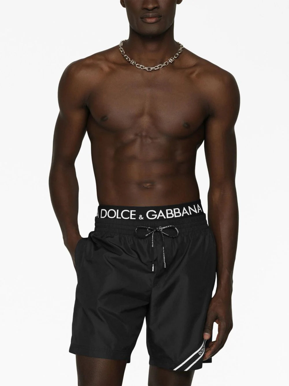 Mid-length swim trunks with branded band
