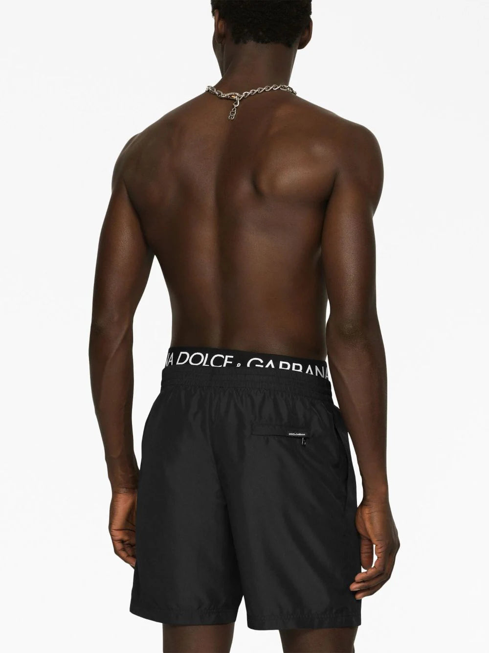 Mid-length swim trunks with branded band