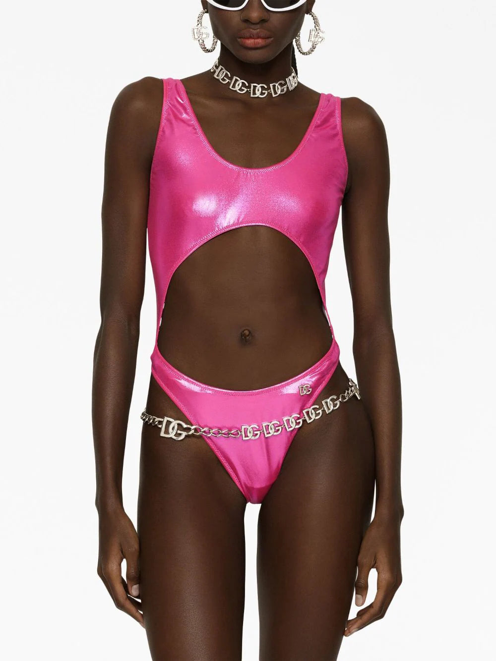 Laminated cutout one-piece swimsuit