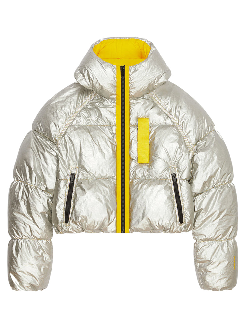 Laminated hooded puffer