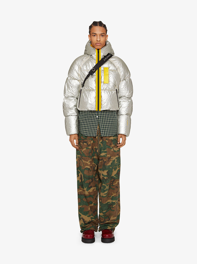 Laminated hooded puffer