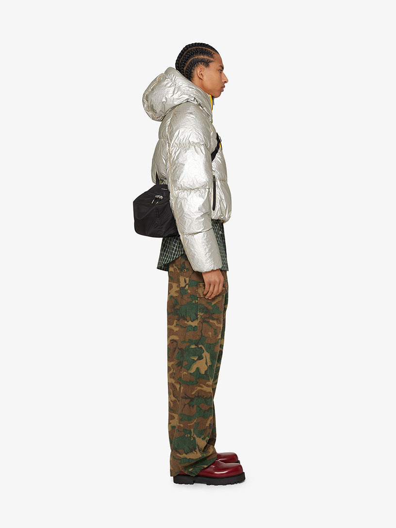 Laminated hooded puffer