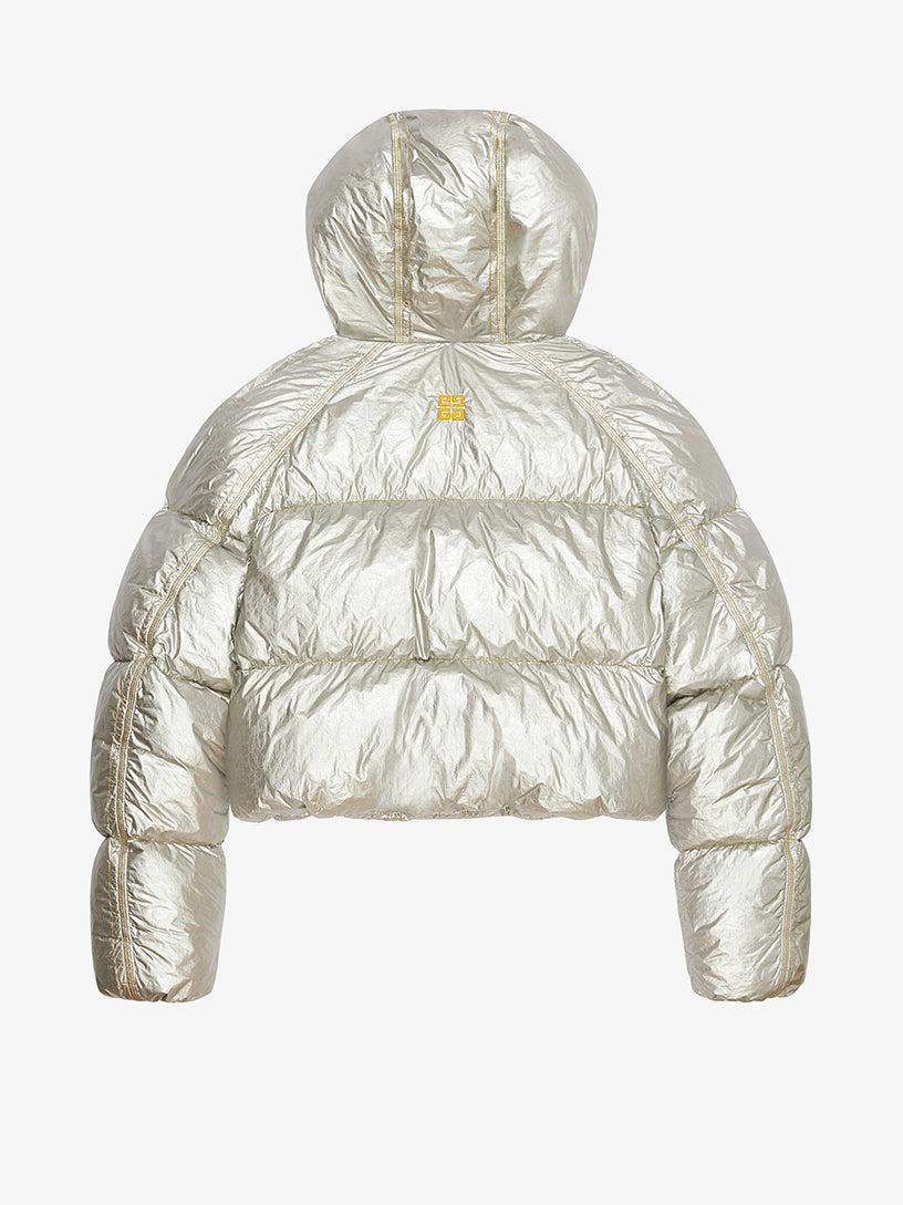Laminated hooded puffer