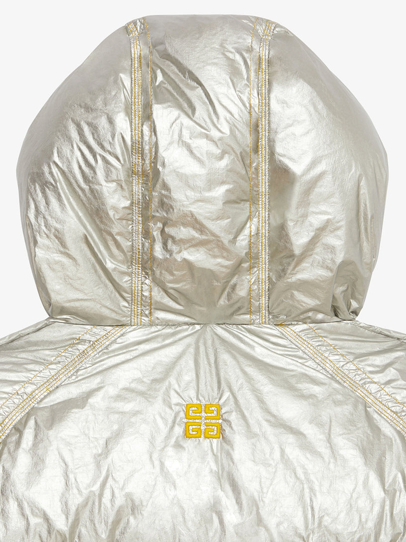 Laminated hooded puffer