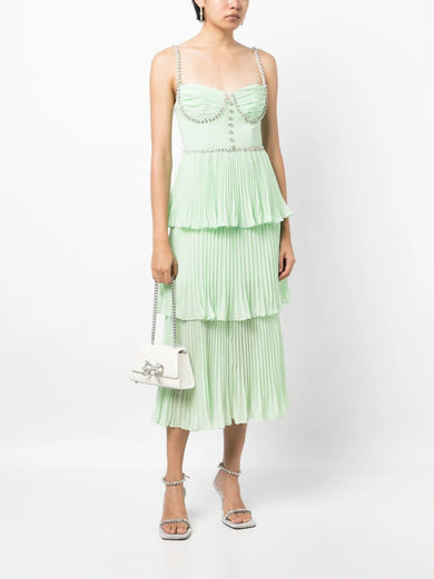 Green Tiered Diamante Chiffon Midi Dress