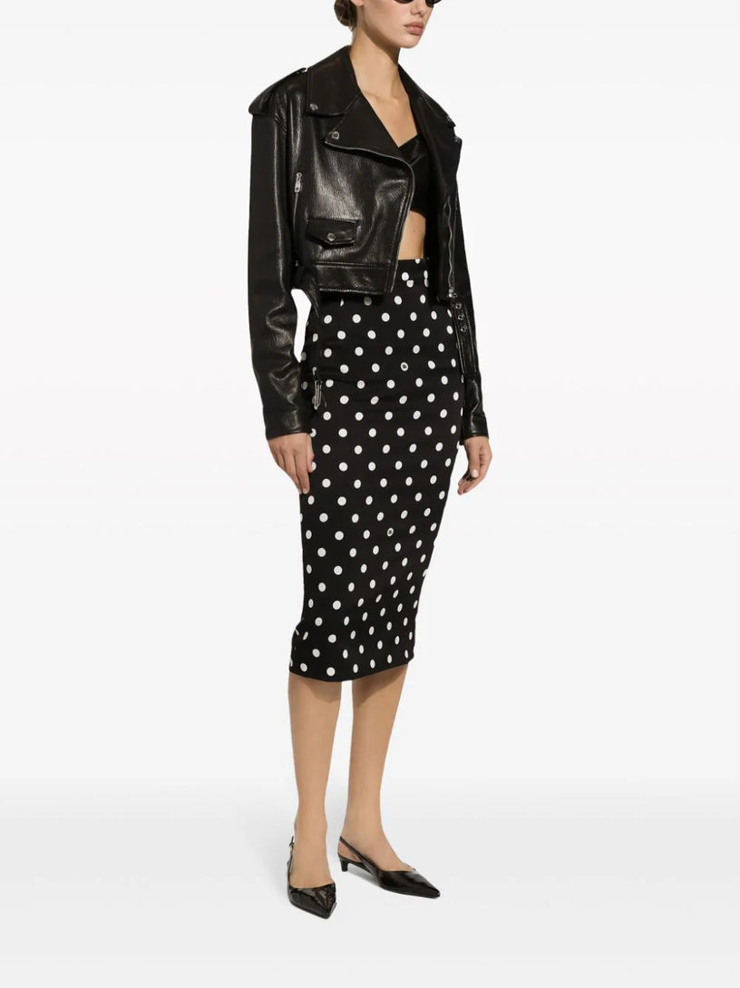 Charmeuse calf-length pencil skirt with polka-dot print