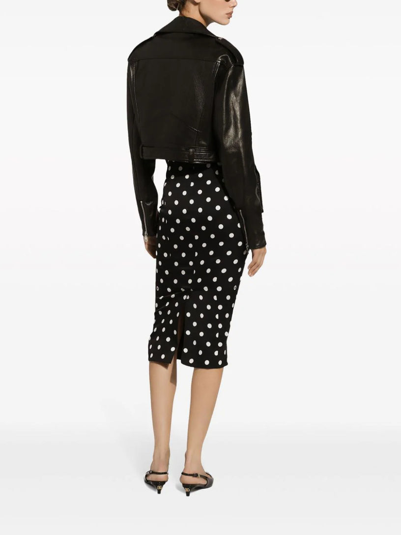 Charmeuse calf-length pencil skirt with polka-dot print