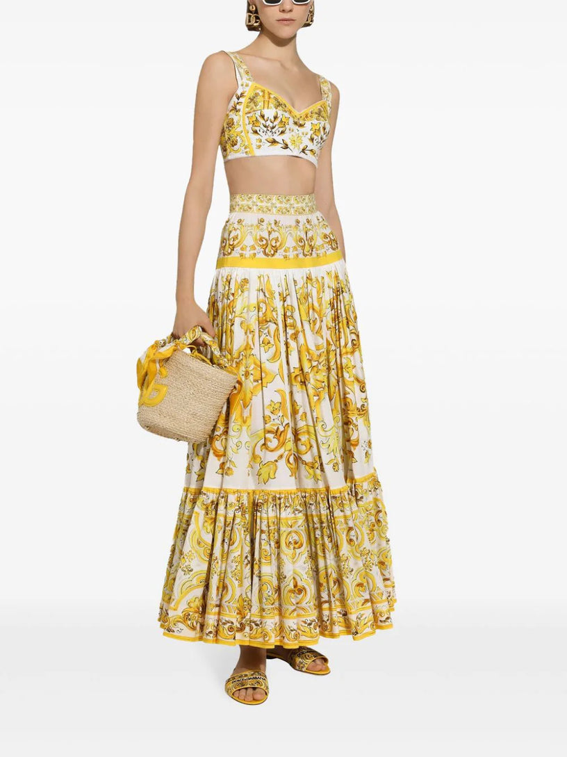 Long majolica-print poplin skirt with ruffles