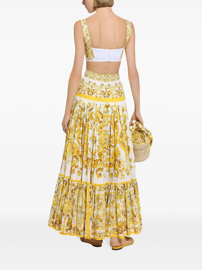 Long majolica-print poplin skirt with ruffles
