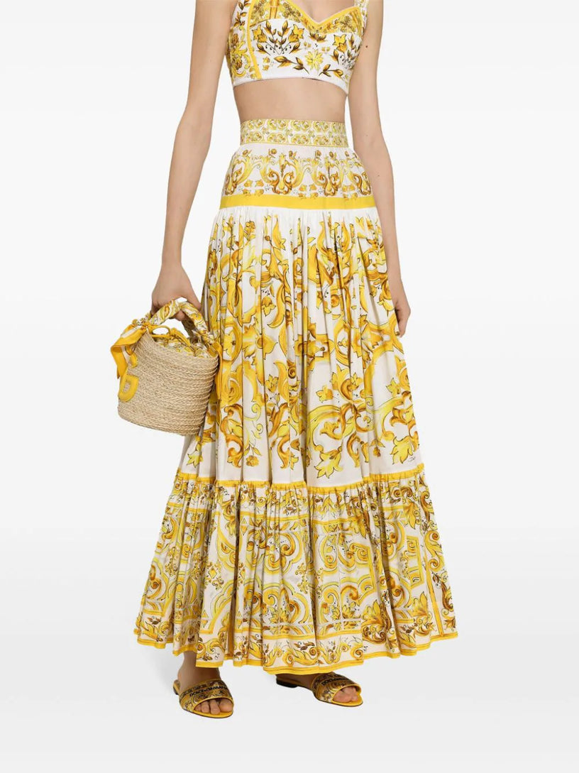 Long majolica-print poplin skirt with ruffles
