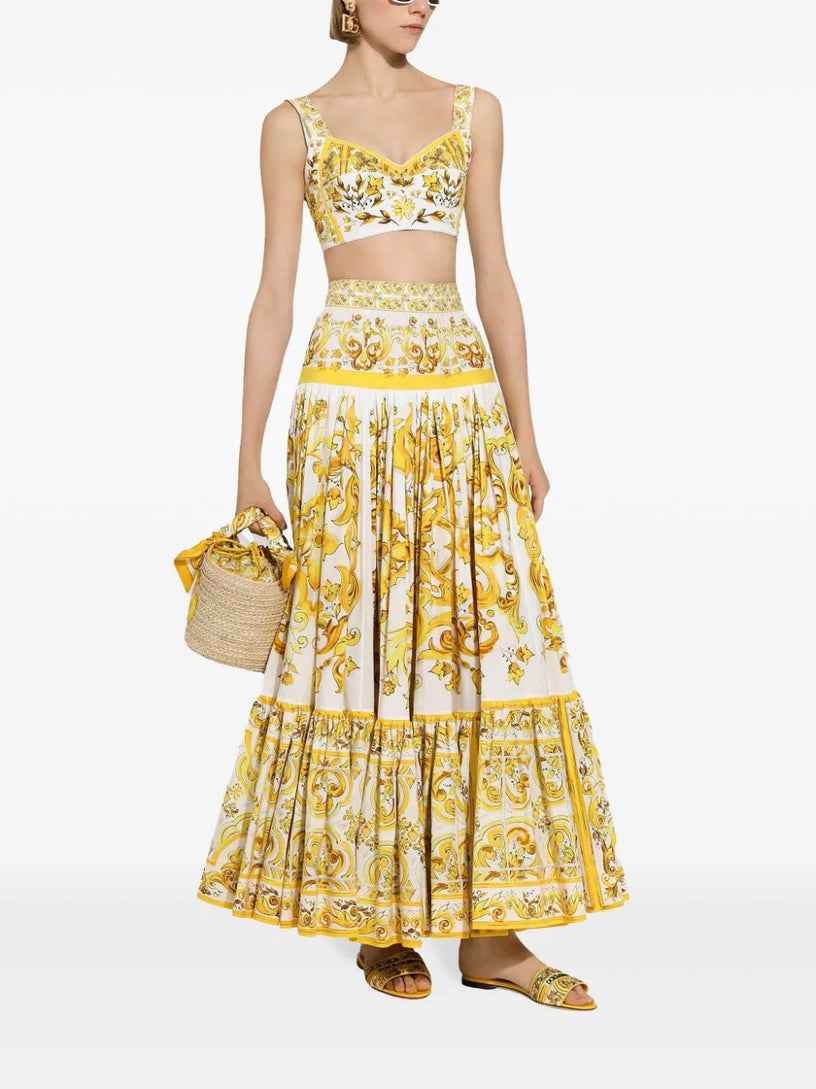 Long majolica-print poplin skirt with ruffles