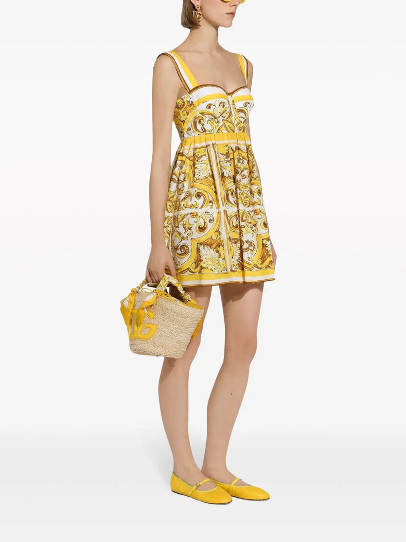 Short dress with corset bodice in majolica-print
