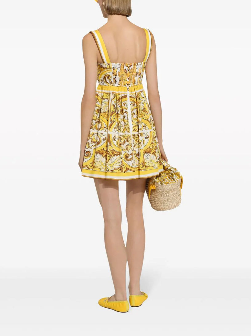Short dress with corset bodice in majolica-print