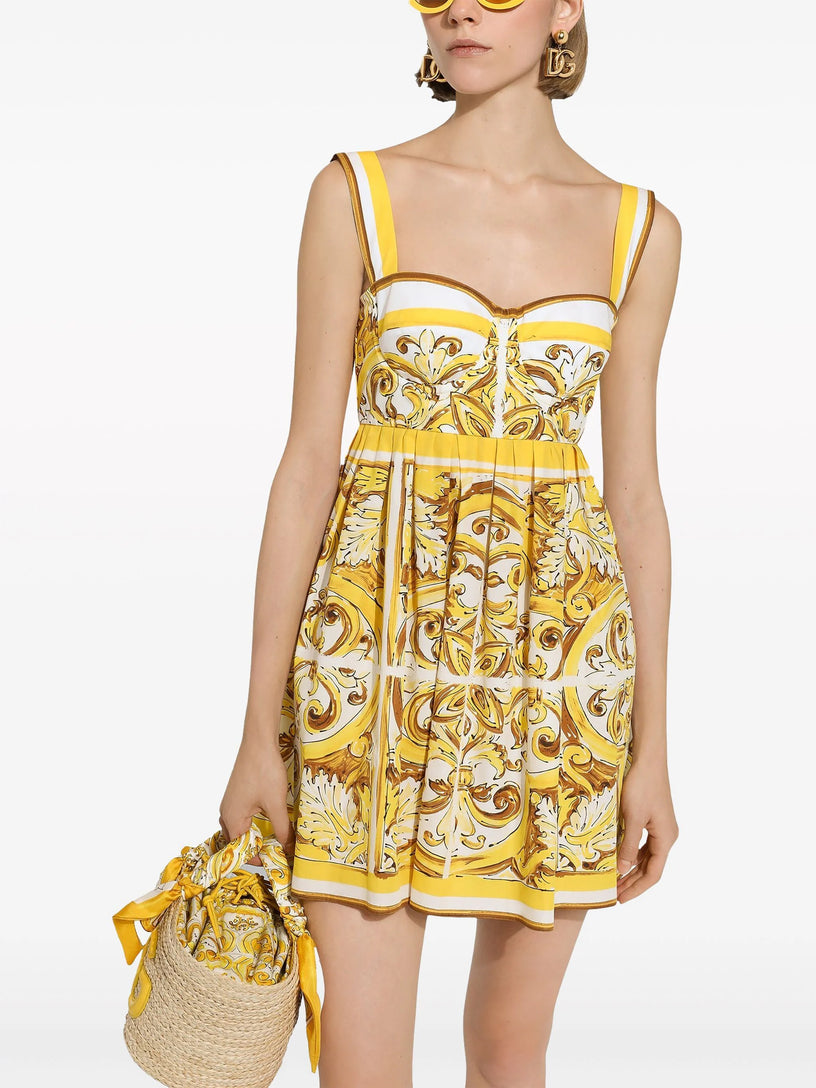 Short dress with corset bodice in majolica-print