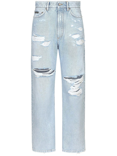 Distressed finish straight-legged jeans