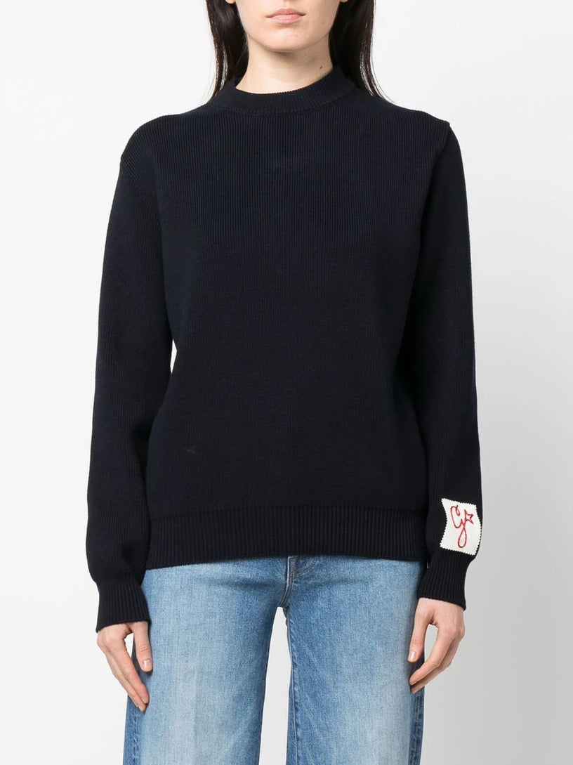 Crew-neck cotton sweater with logo on the back
