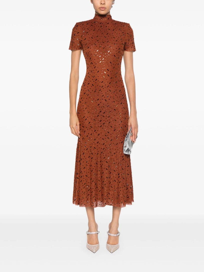 Brown square rhinestone mesh midi dress Brown square rhinestone mesh midi dress
