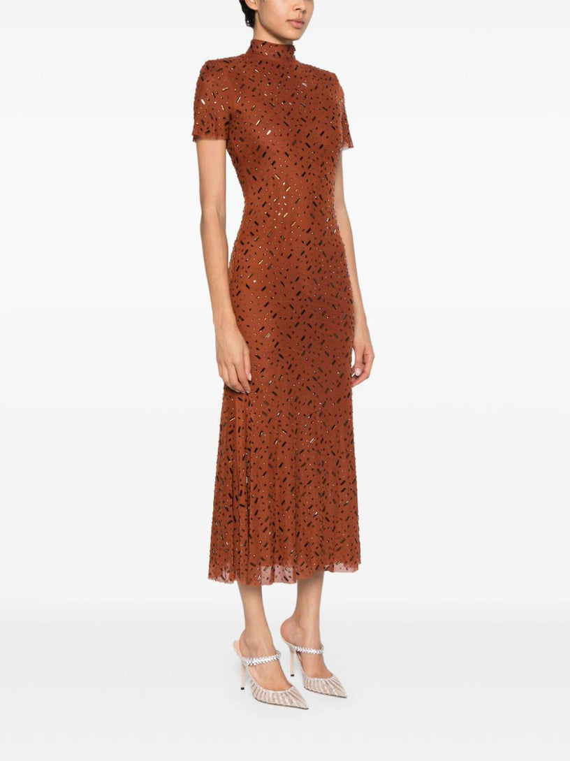 Brown square rhinestone mesh midi dress