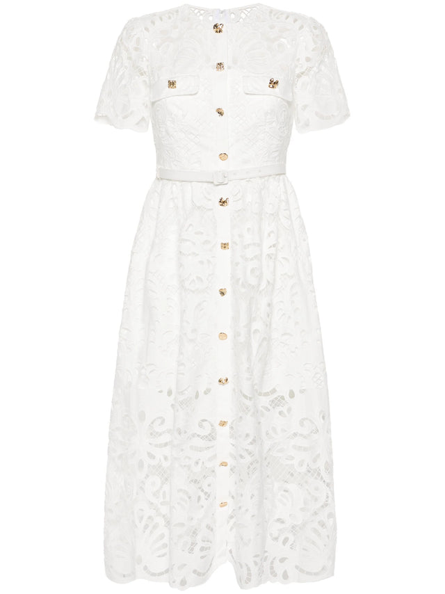 White cotton lace button midi dress