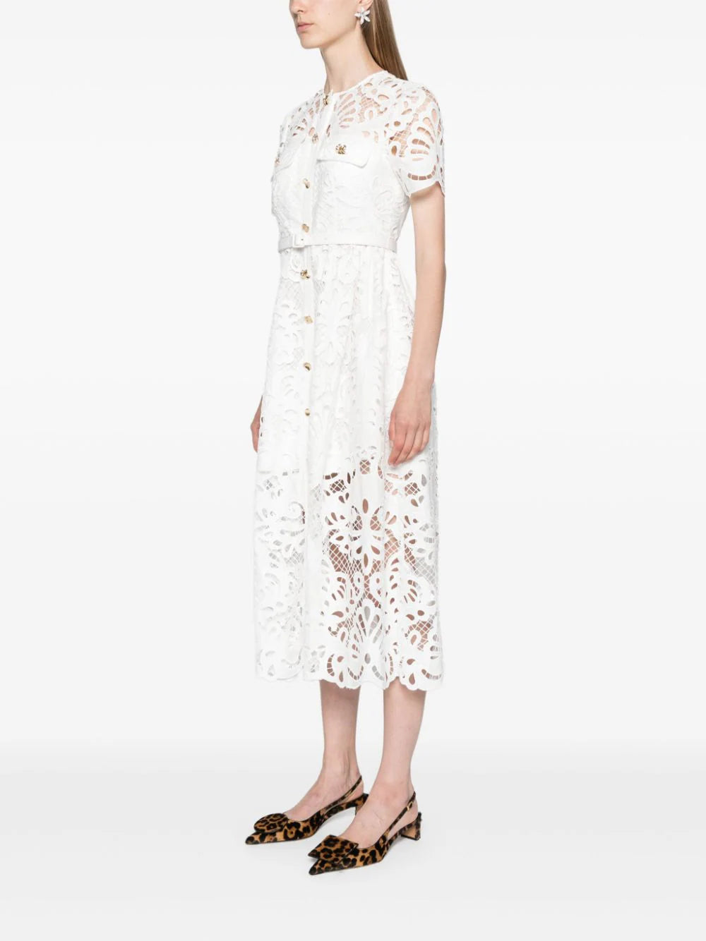White cotton lace button midi dress