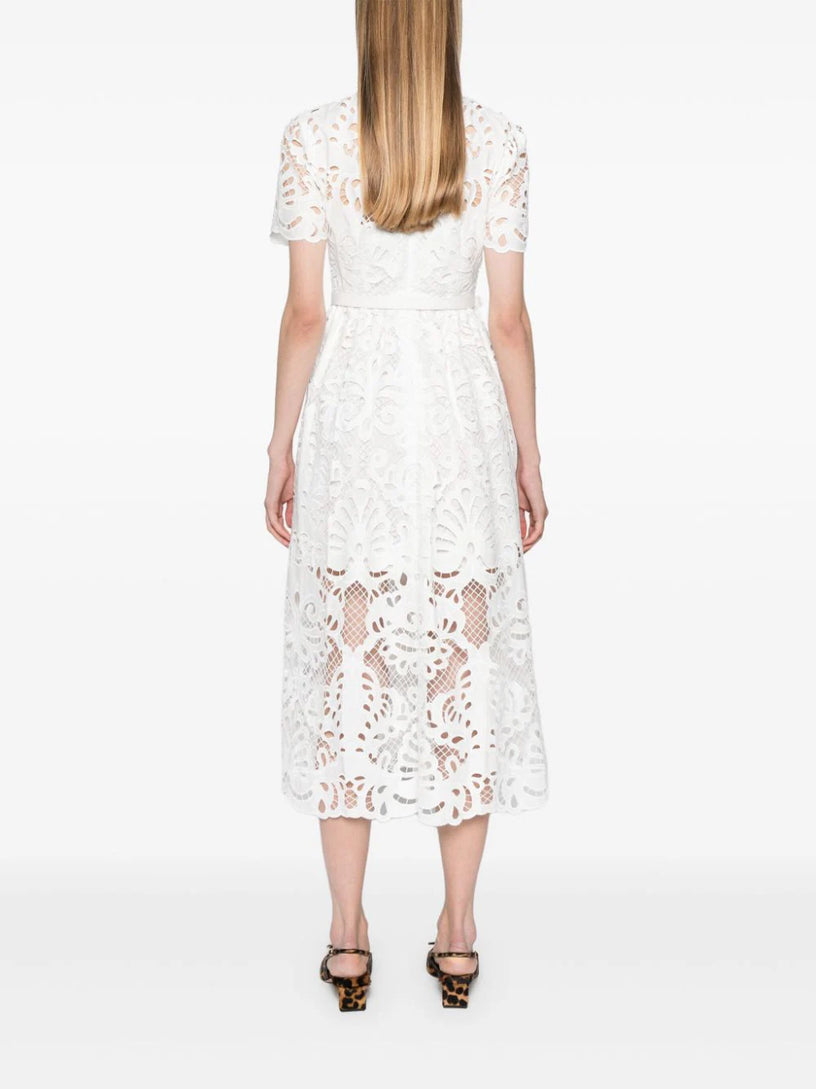 White cotton lace button midi dress