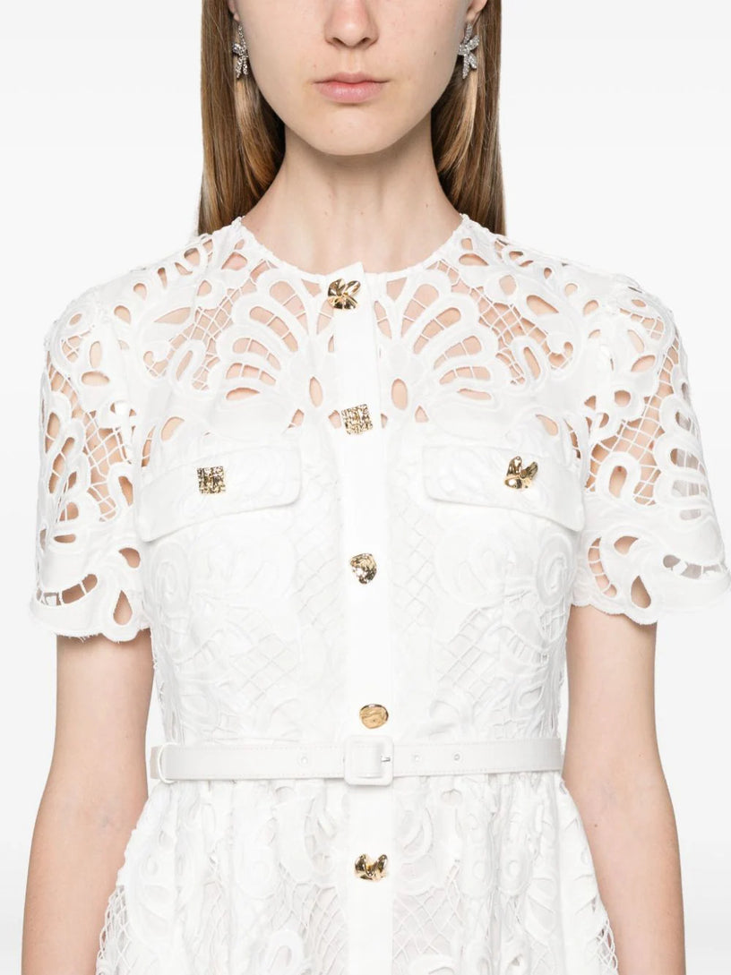 White cotton lace button midi dress