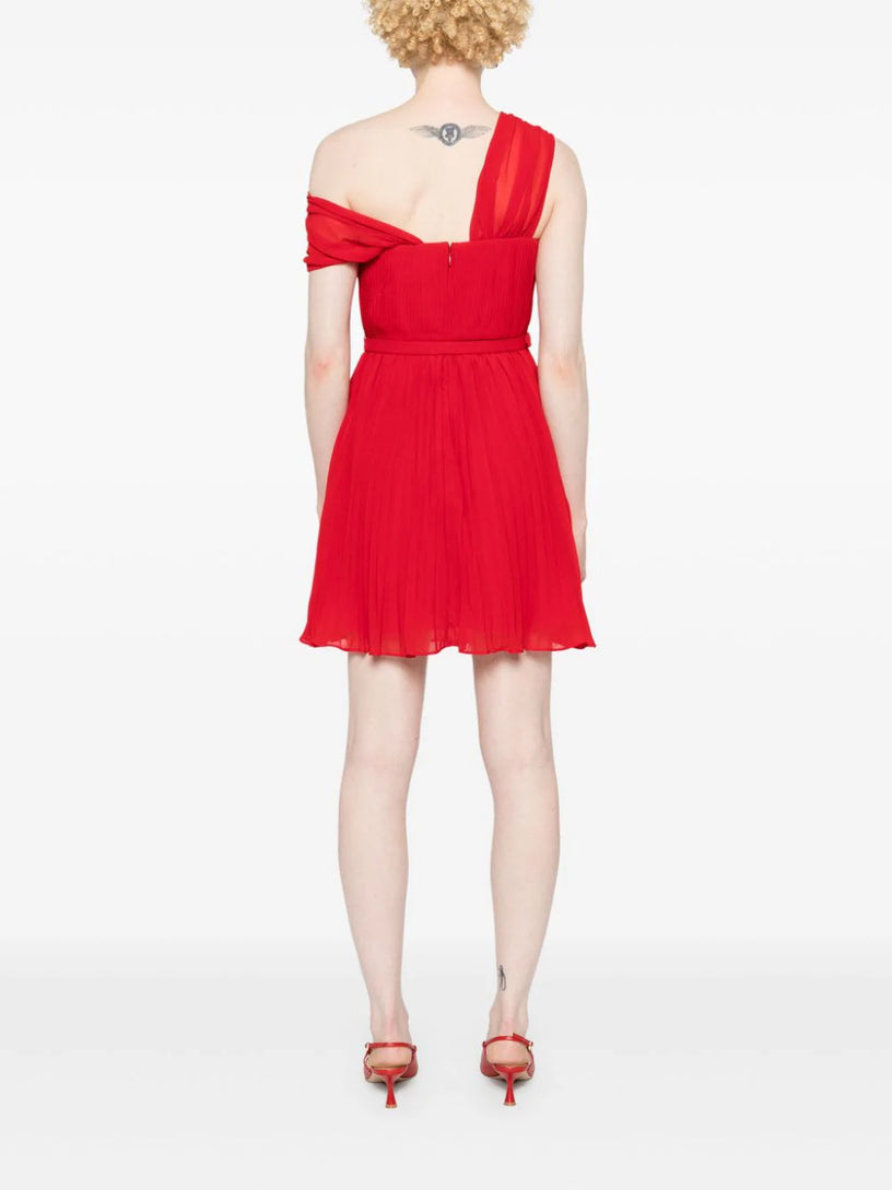 Red off shoulder chiffon mini dress