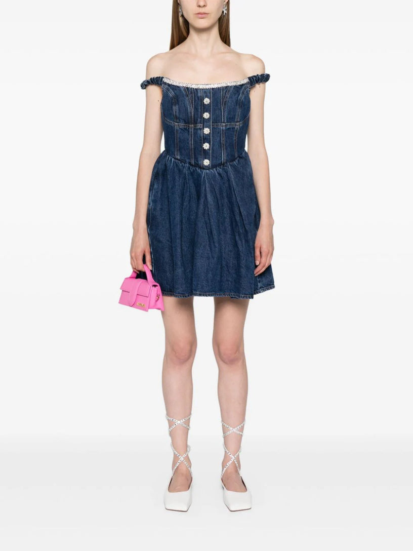 Denim off shoulder mini dress SELF PORTRAIT Blu | Grifo210