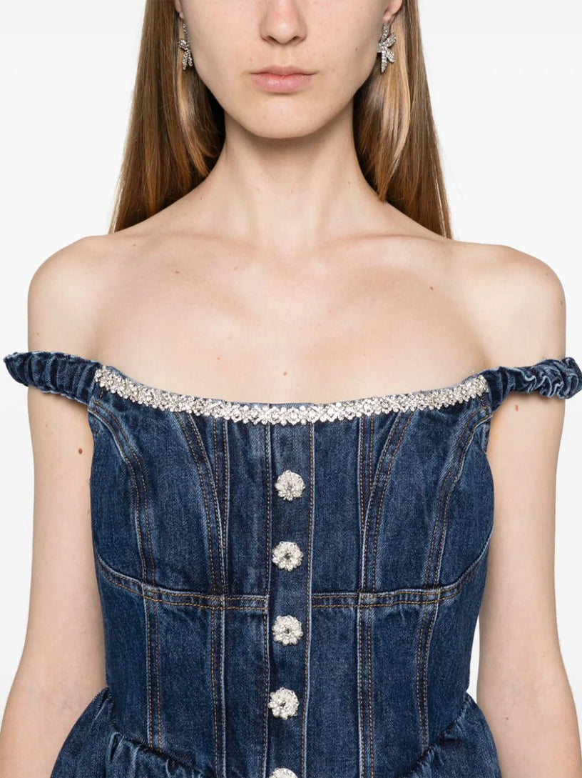 Denim off shoulder mini dress SELF PORTRAIT Blu