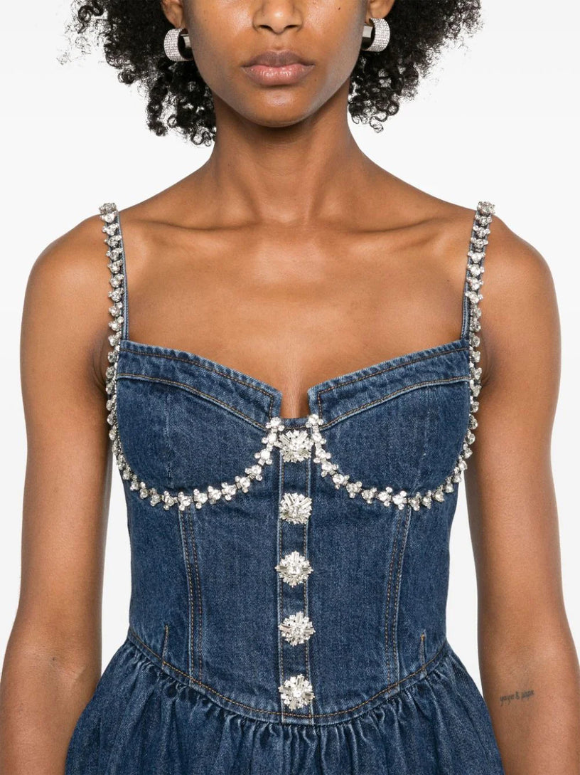 Diamante denim flared mini dress SELF PORTRAIT Blu