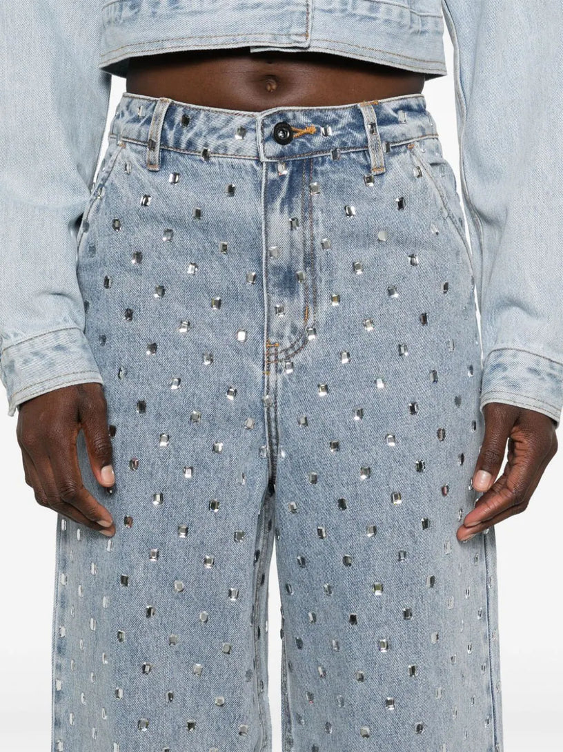 Square rhinestones denim jeans