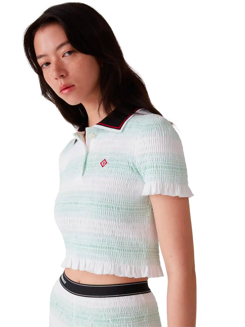 Striped shirred polo top