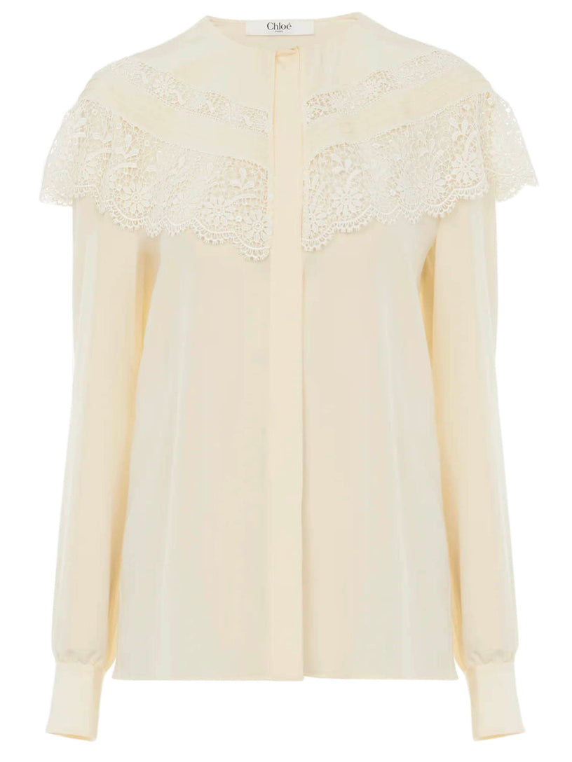 Crêpe de chine and lace gathered blouse