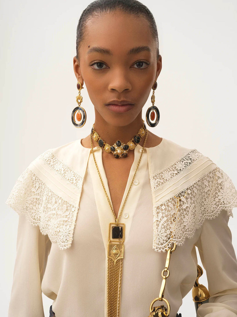 Crêpe de chine and lace gathered blouse